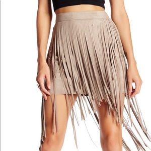 Spaghetti Fringe Suede Skirt. Color: sandstone.